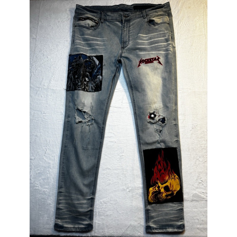 Rockstar Original Jeans 40x34 Drake Graphics Distressed Red Skull Flame Wolf